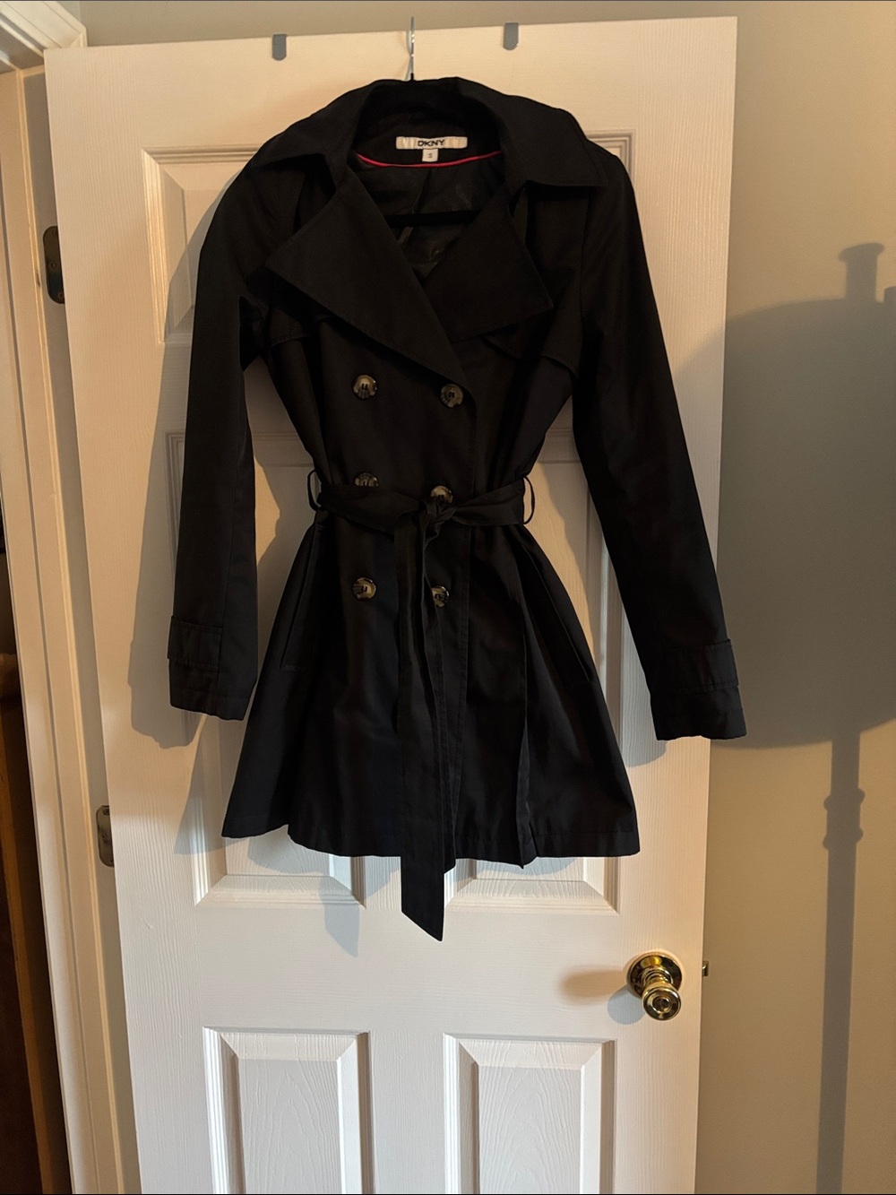 DKNY Black Double-Breasted Trench Coat with Waist Tie